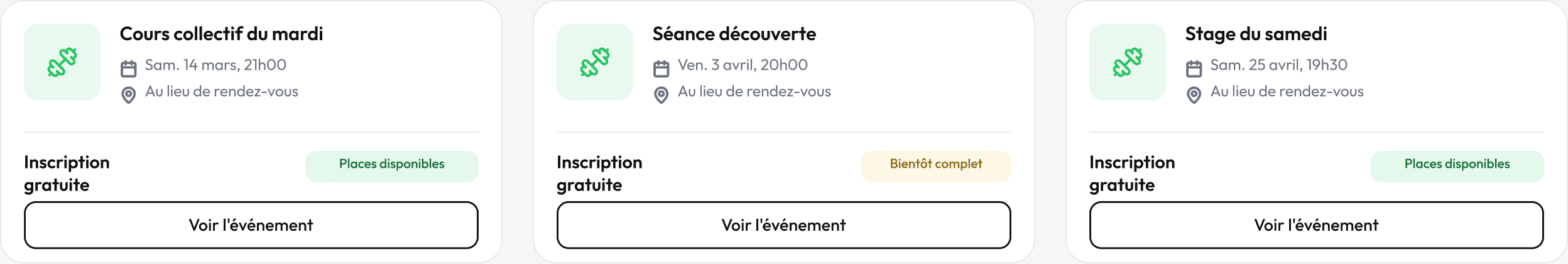 Calendrier public d’un coach dans Hopop : cours collectif du mardi et séances d’essai, avec leur horaire