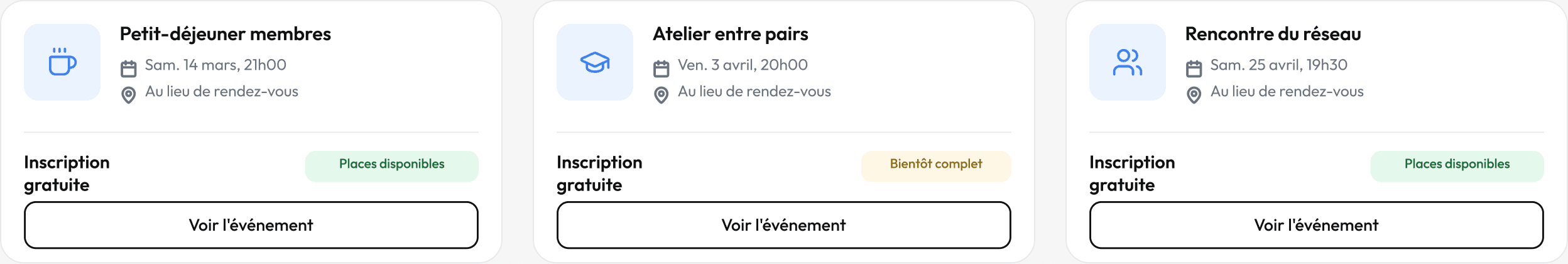 Calendrier public d’un coworking dans Hopop : petit-déjeuner membres et prochains rendez-vous, avec leur horaire