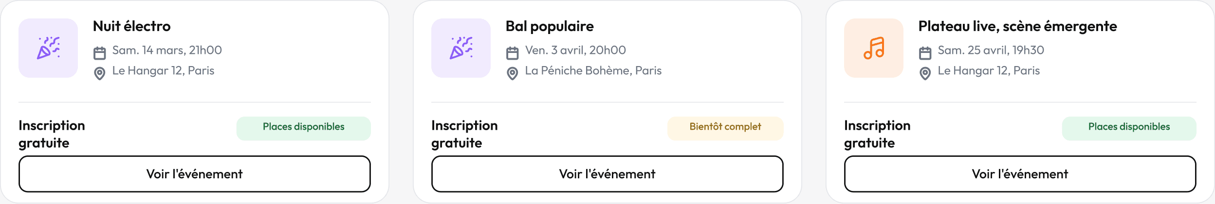 Agenda public d’un lieu dans Hopop : les trois prochaines dates, avec leur horaire et leur adresse