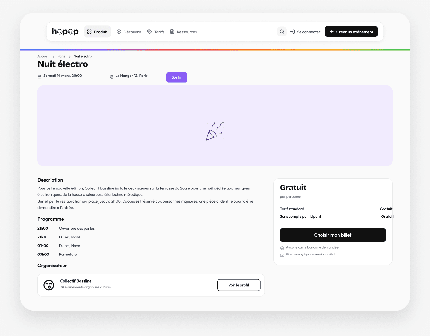 Aperçu de la page publique d’un événement Hopop : le titre « Nuit électro », la date, le lieu, le programme heure par heure, et un encadré d’inscription gratuite